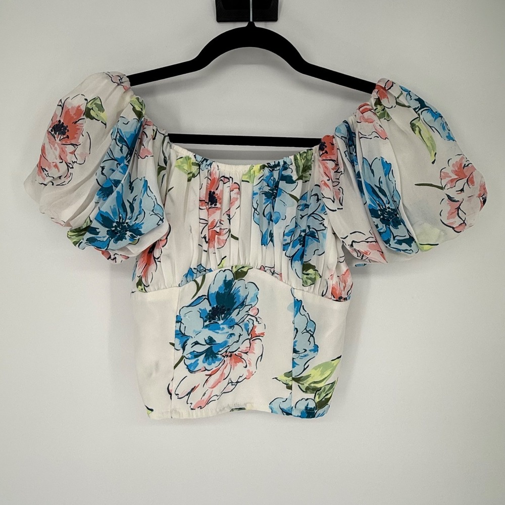 Abercrombie & Fitch Shirt Womens XS Ruched Boho Cottagecore Smocked Floral Crop - Picture 3 of 11